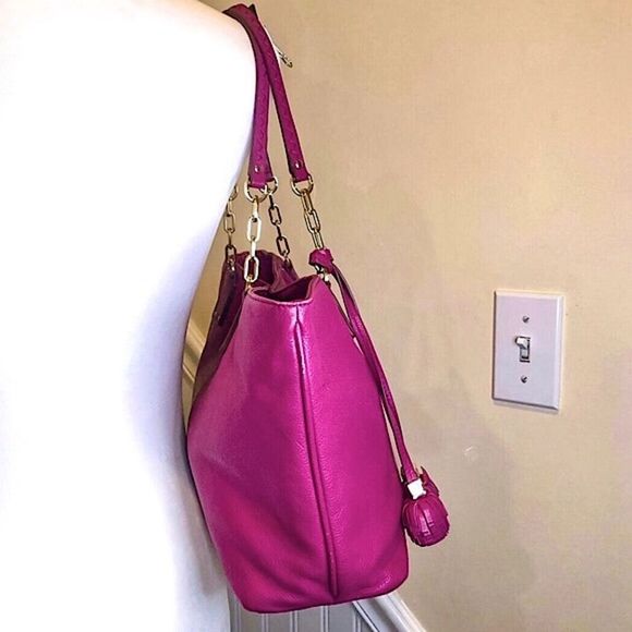 TORY BURCH Fuchsia Leather Bag With Embroidered Shoulder Straps Leather Tassels - Picture 7 of 17